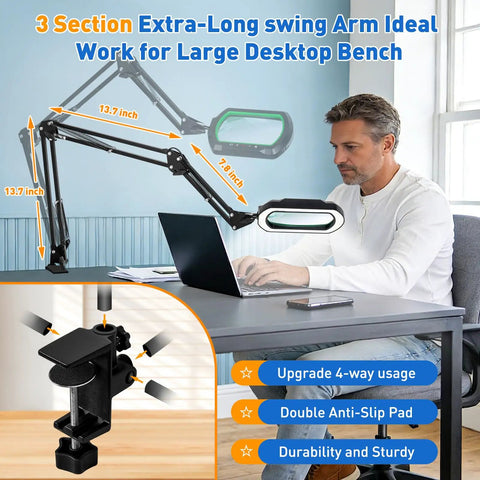 12X Ultra Long 3-Section Swing Arm Lighted Magnifying Glass With Stand in use on desk, featuring large lens and metal clip.