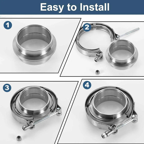 Two Piece V Band Clamp With Flange 3.75 Inch Stainless Steel Exhaust Clamp Kit assembly steps for auto vehicles.