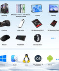 Infographic showing compatibility for Ultra Fast 1TB Portable SSD With All In One USB C Hub And SD And TF Card Reader Dock for various devices.