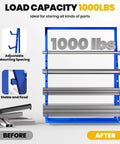 Four Tier Heavy Duty Lumber Storage Rack Made From Thick Alloy Steel For Sheds And Garages Holds 4000 LBS total weight, showcasing adjustable arms and load capacity.