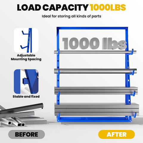 Four Tier Heavy Duty Lumber Storage Rack Made From Thick Alloy Steel For Sheds And Garages Holds 4000 LBS total weight, showcasing adjustable arms and load capacity.