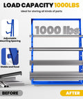 No Sweat Heavy Duty Four Tier Alloy Steel Cantilever Lumber Storage Rack With 4000 Lbs Capacity Adjustable Pipe Rack For Garage Warehouse Workshop Facility showing adjustable mounting height and 1000 lbs load capacity.