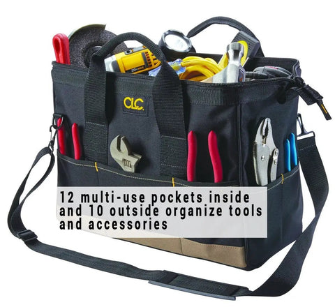 BigMouth 22 Pocket Tool Bag With Wide Opening 12 Inside Pockets And 10 Exterior Pockets Heavy Duty Build with tools visible