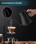 Gooseneck Electric Kettle With Precision Temperature Control And Stainless Steel Interior, 0.9L Capacity, Fast Heating For Pour Over Coffee And Tea, Perfect For Brewed Coffee Or Herbal Tea, Smooth Pour, Black kettle being used to pour water over a coffee dripper