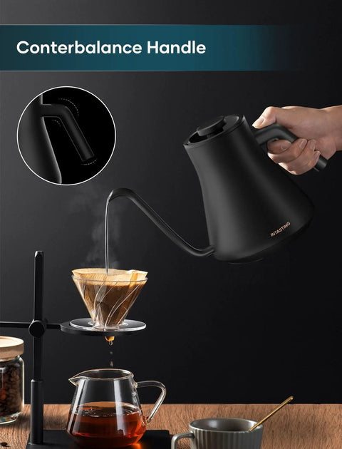 Gooseneck Electric Kettle With Precision Temperature Control And Stainless Steel Interior, 0.9L Capacity, Fast Heating For Pour Over Coffee And Tea, Perfect For Brewed Coffee Or Herbal Tea, Smooth Pour, Black kettle being used to pour water over a coffee dripper