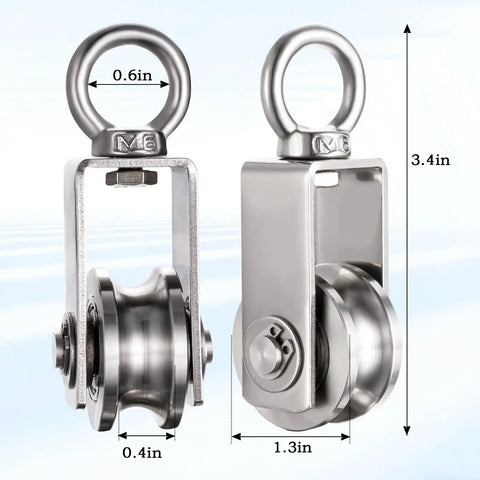 Beefy Stainless Steel Cable Pulley Block With Silent Bearings Swivel Kit For Heavy Duty Applications 550lb Load Capacity For Garage Attic Kayak Deer Hanging Gym Equipment 4 Pack, 3.4in