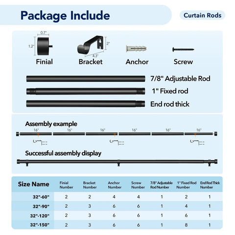 Package contents for Two Pack Adjustable Curtain Rods 32 To 60 Inches, 1 Inch Black Heavy Duty Drapery Rod Set for indoor or outdoor use