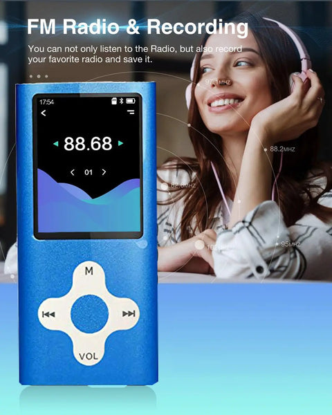 Blue 16GB Portable MP3 Player With Video, Voice Recorder, FM Radio, 1.8 inch LCD Display close-up with headphones