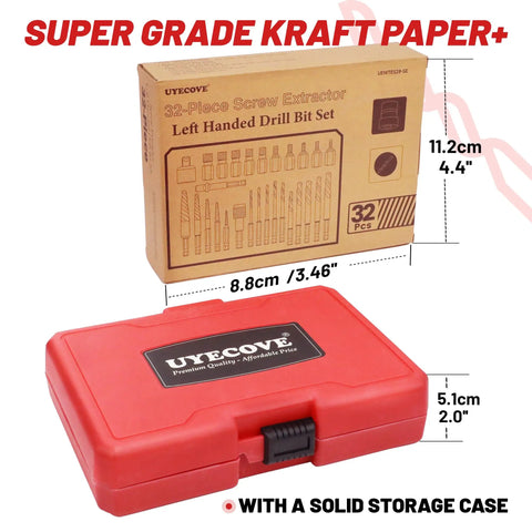 32 Piece Screw Extractor Kit With Left Hand Drill Bits And Hex Adapter packaging and red storage case