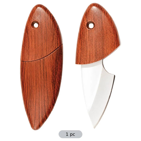Rugged Utility Knife With Stainless Steel Peeler Cutter, Wood Handle Pocket Tool for Kitchen EDC and Camping shown closed and open