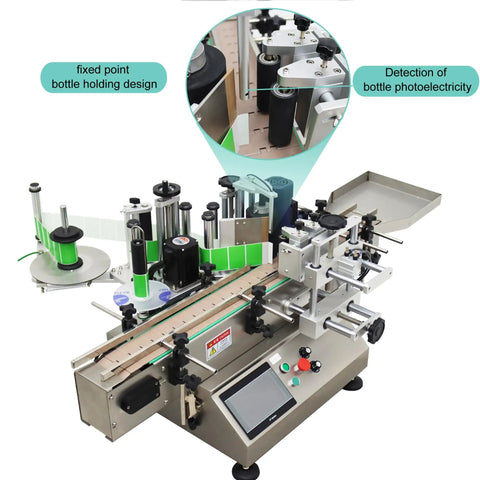 Hustle Ready High Speed Round Bottle Labeling Machine For Cosmetics Food And Drinks with fixed point bottle holding design.