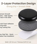 Close-up view of 16 Piece Heavy Duty Furniture Sliders With Strong Self Adhesive Base Black Glide Pads, showing layers and dimensions.