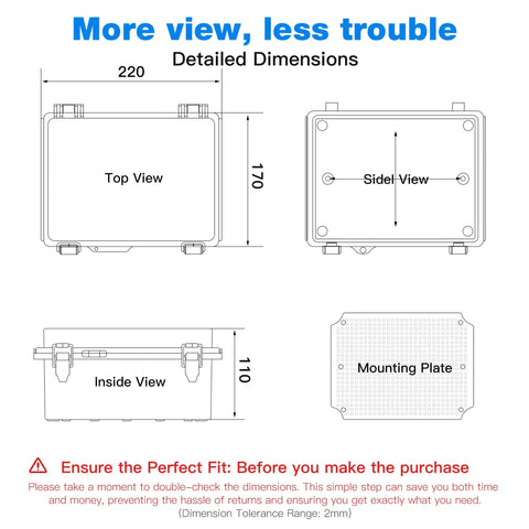 Heavy Duty Outdoor Junction Box Waterproof IP67 ABS Plastic Electrical Enclosure With Stainless Steel Latch dimensions top side inside view