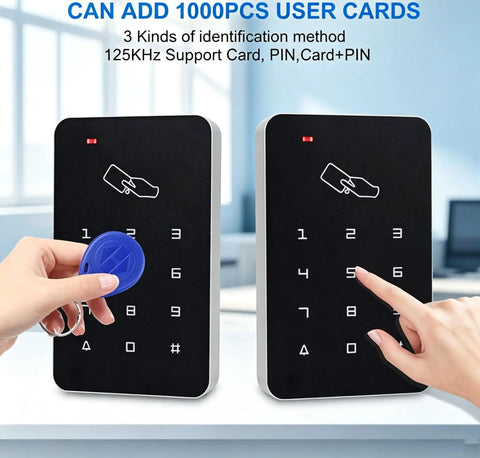 Heavy Duty Standalone Rfid Access Control Keypad For Secure Doors Featuring Card Pin Entry Mode Supports Up To One Thousand Users No Computer Hassle Plug And Play Setup For Home, showcasing pin and card entry with user interface.