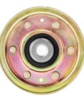 Flat idler pulley with bearing for lawn mower decks, gold-colored metal