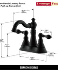 Two Handle Matte Black Bathroom Faucet With Pop Up Drain For 3 Hole 4 Inch Centerset Sinks, 360 Degree Swivel Spout, dimensions shown