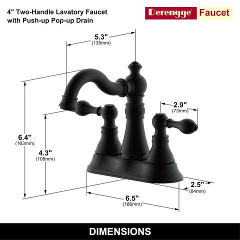 Two Handle Matte Black Bathroom Faucet With Pop Up Drain For 3 Hole 4 Inch Centerset Sinks, 360 Degree Swivel Spout, dimensions shown