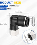 Two Pack Push To Connect Fittings For One Half Inch Tube With One Quarter Inch Npt Nickel Plated Brass 90 Degree Pneumatic Female Elbow Adapter Black For Air Line Quick Connects In Pneumatic Systems, dimensions shown