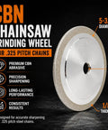 Pro Grade CBN Chainsaw Grinding Wheel 5 3/4 Inch Diameter 7/8 Inch Arbor 3/16 Inch Thick Premium Sharpening Disc For.404 Pitch Heavy Duty Chain Sharpening Tool Built Tough As Nails For The Daily Grind displayed with specifications.