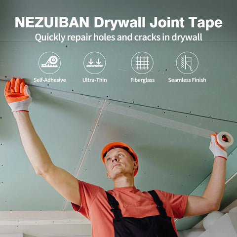 Worker using Fiberglass Mesh Drywall Tape For Quick Crack Repair Self Adhesive 1.97 Inch By 150 Foot Sheetrock Joint Tape.