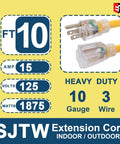 No Nonsense 10 Ft Extension Cord With Lighted End Triple Outlet 10 Gauge Pure Copper Wire Outdoor Rated 15 Amps Yellow SJTW heavy duty plug details