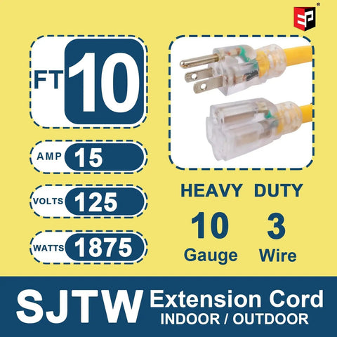 No Nonsense 10 Ft Extension Cord With Lighted End Triple Outlet 10 Gauge Pure Copper Wire Outdoor Rated 15 Amps Yellow SJTW heavy duty plug details