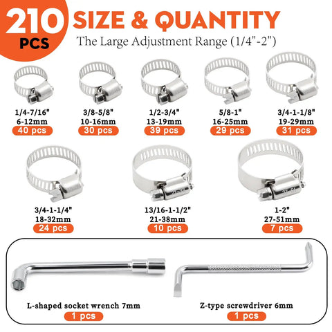Beefy 210 Piece Worm Gear Hose Clamps Assortment Kit 304 Stainless Steel variety of sizes with tools included