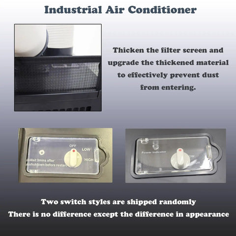 Job Site Ready Heavy Hitter Industrial Air Conditioner Double Exhaust Extendable Duct High Performance Outdoor Ventilation Fan 15400 Btu 220V Built Tough Cooling System Black filter screen and power switch details