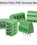 4-Pin 2.54mm Pitch PCB Terminal Block Screw Terminal Connector Kit, 150V 6A Mount, green connectors, brass pins visible