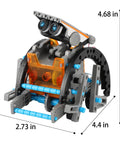 12 In 1 Solar Power Robot Kit For Kids Aged 8 To 13, STEM Building Toy, assembled robot with dimensions visible.