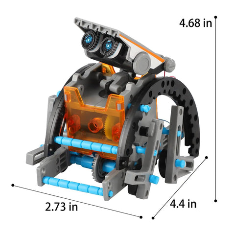 12 In 1 Solar Power Robot Kit For Kids Aged 8 To 13, STEM Building Toy, assembled robot with dimensions visible.