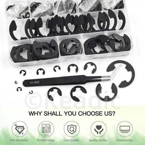 211 Piece E Clip Assortment Kit With 14 Sizes External Retaining Rings Alloy Steel Snap Ring Set Includes Tweezers And Handy Storage M1.5 To M22 For Automotive And Machinery Projects