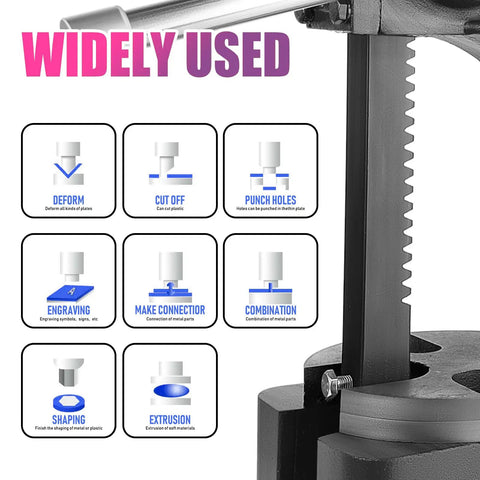Heavy Duty 3 Ton Manual Arbor Press showing various uses including cutting, punching, and shaping materials.
