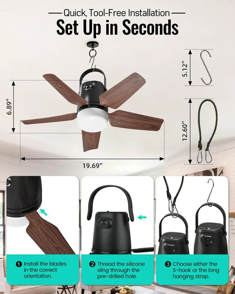 20 Inch Portable Ceiling Fan With Bright Led Light And Remote Control Quiet Cordless Outdoor And Indoor Patio Cooler 20000 Mah Rechargeable Battery, easy setup details.