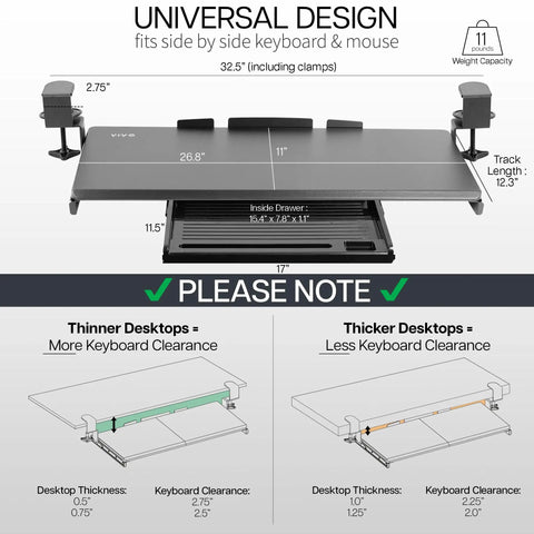 Dimensions of under desk keyboard tray with pull-out platform extra sturdy C clamp mount space saving black