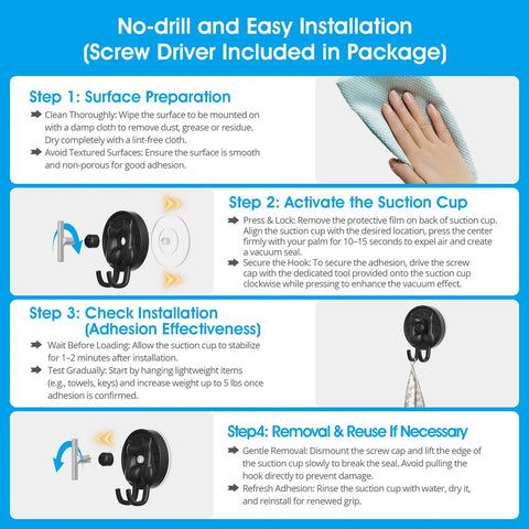 Step-by-step guide for Double Cat Suction Cup Hooks 4 Pack Heavy Duty Wall Holders showing installation process and tips.