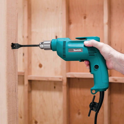 Three Eighths Inch Drill With 4.9 Amp Motor, Variable Speed 0 to 2500 RPM used in wood drilling project, in-line handle.