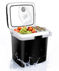 Heavy Duty 26 Liter Portable Car Cooler And Warmer With 12V Plug In Compact Electric Fridge For Tailgating Road Trips Camping And Beach Days That Slays Heat And Keeps Your Drinks Frosty All Day filled with fruits and drinks.