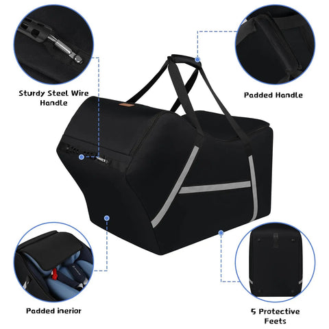 Image of Airplane Ready Infant Car Seat Travel Bag With Padded Interior And Side Pocket Gate Check Friendly, black with additional details.