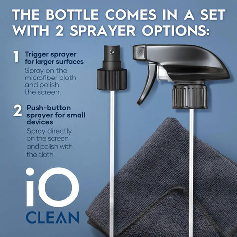 Close-up of Screen Cleaner Spray 16 Oz All In One Cleaning Kit showing trigger and push-button sprayers with microfiber cloth
