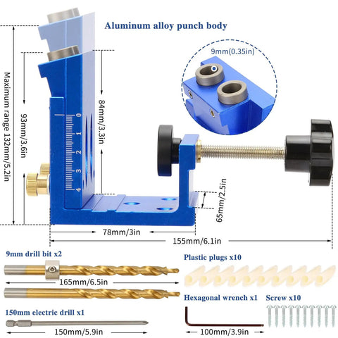 All In One Pocket Hole Jig Kit Pro Grade Heavy Duty Metal Pocket Screw Jig With 15 Degree Locator, dimensions and components