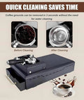 Automatic 58mm Electric Portafilter Cleaner for Home Espresso Machines showing before and after cleaning results.