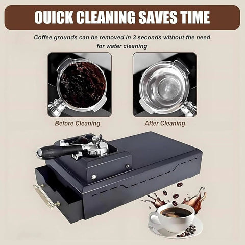Automatic 58mm Electric Portafilter Cleaner for Home Espresso Machines showing before and after cleaning results.