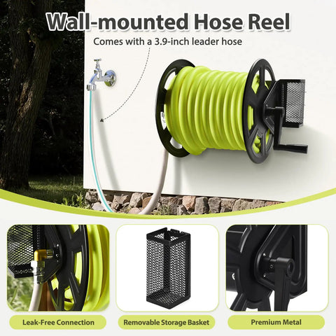 Heavy Duty Wall Mounted Garden Hose Reel, Metal Construction, Holds 125 Feet Of 5 8 Inch Hose, Includes 3.9 Foot Water Supply Hose And Small Storage Basket