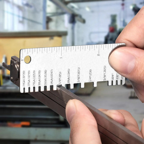 Close-up of stainless steel sheet metal gauge from Three Piece Wire Gauge Tool Kit Dual Sided Stainless Steel Thickness Gauges