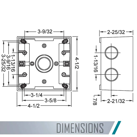 Diagram of Two Gang Weatherproof Deep Electrical Box With Five Three Quarter Inch Threaded Outlets dimensions.