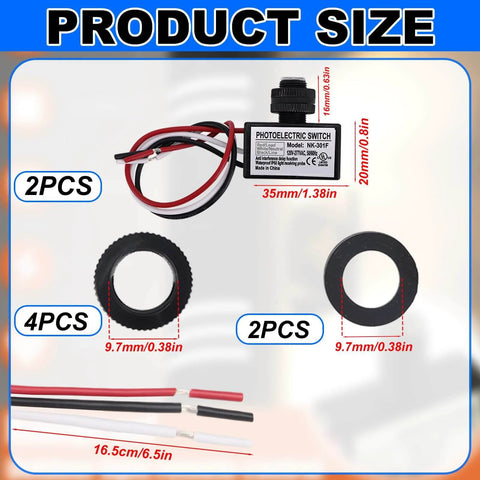Two Pack 120V To 277V AC Photocell Light Sensor Switches with four nuts and two washers for outdoor lighting