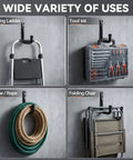 Heavy Duty Garage Storage Hooks 10 Pack Wall Mount J Utility Hangers For Hoses Tools Sports Gear And Bulky Equipment Black Space Saving Organizer For Shed Garage Shop And Home holding a folding ladder, tool kit, hose, and folding chair