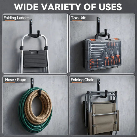 Heavy Duty Garage Storage Hooks 10 Pack Wall Mount J Utility Hangers For Hoses Tools Sports Gear And Bulky Equipment Black Space Saving Organizer For Shed Garage Shop And Home holding a folding ladder, tool kit, hose, and folding chair