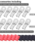 4/0 Gauge Welding Battery Cable Kit With 5 Ft Black And 5 Ft Red Copper Wire, 5/16 Inch And 3/8 Inch Copper Lugs, Heat Shrink Tubing, Heavy Duty Power Cable For Car, Solar, Marine, And RV Inverters. 10 copper lugs and heat shrink tubing
